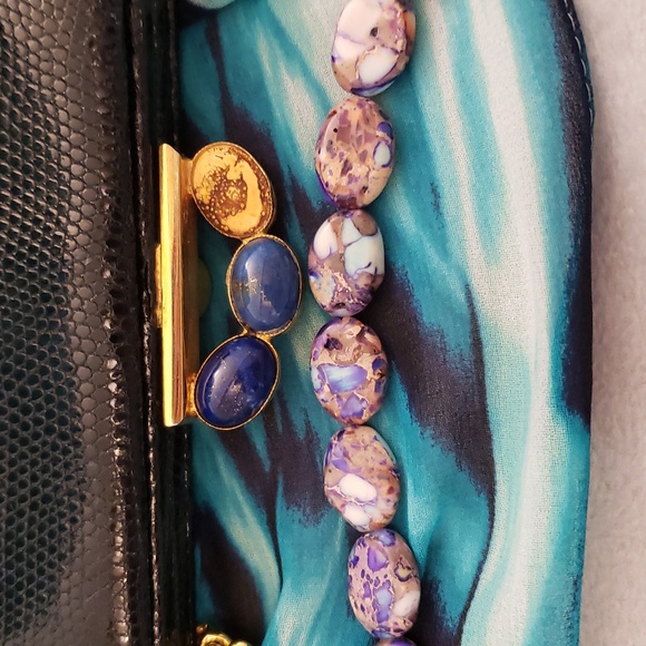 Gucci Vintage Rare Black Lizzard LAPIS STONE Beads Shoulder Clutch Bag GORGEOUS! - Picture 12 of 15